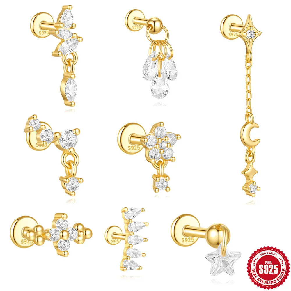 S925 sterling silver geometric moon and star earrings with embedded diamond detailing in gold tone finish