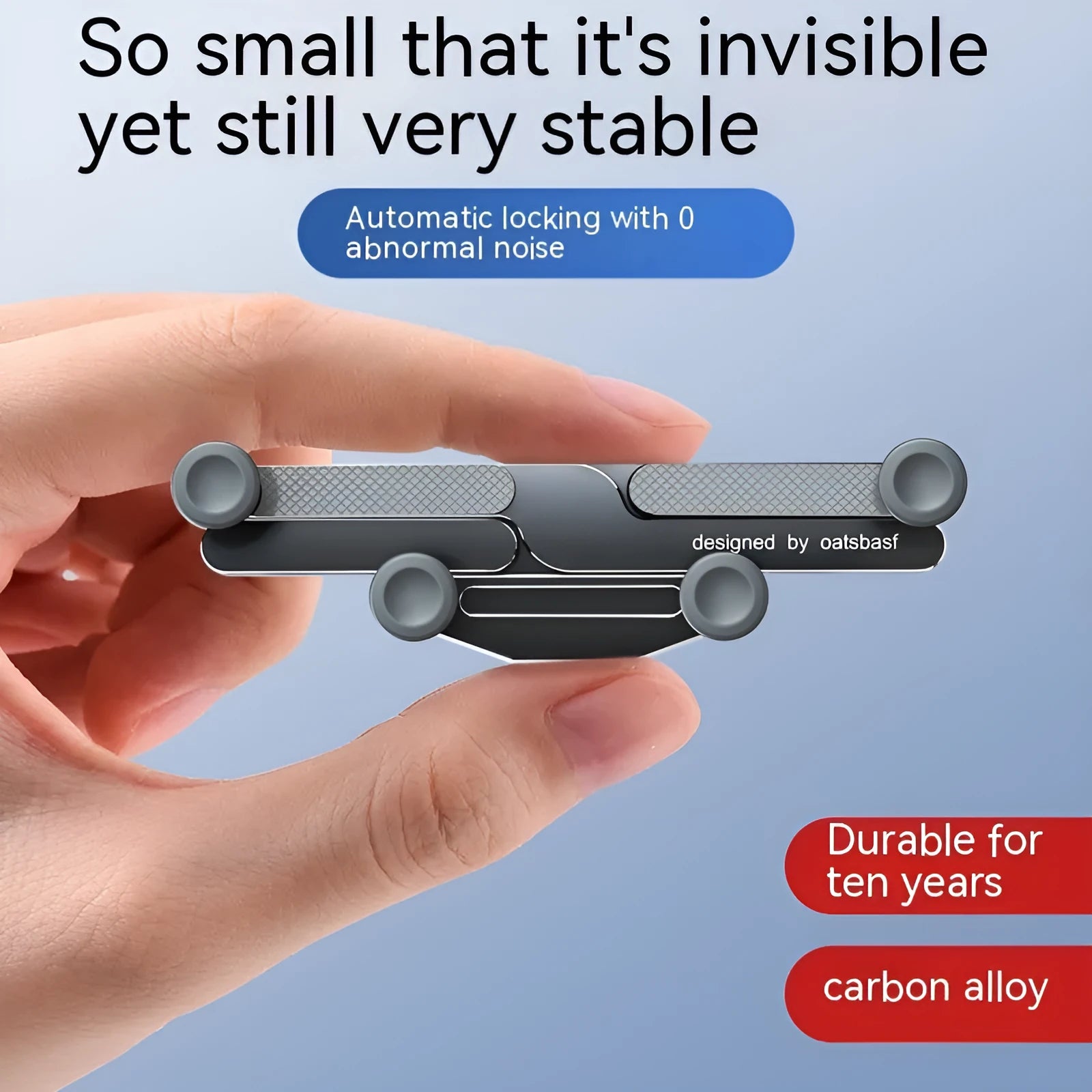 Aluminium alloy snap-on car phone holder shown in black, mounted on a car air vent.