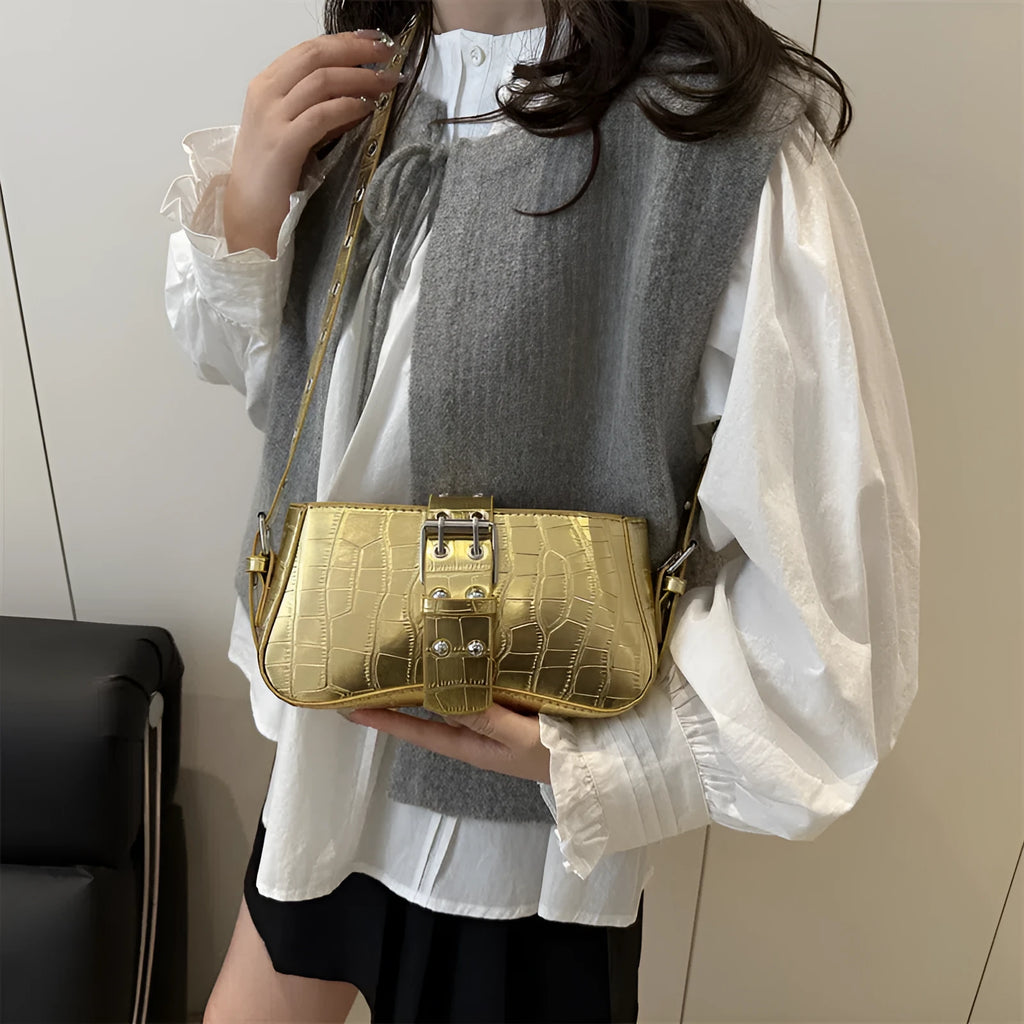 Vertical rectangle PU underarm bag with stitched patchwork, single shoulder strap, available in black, gold, white
