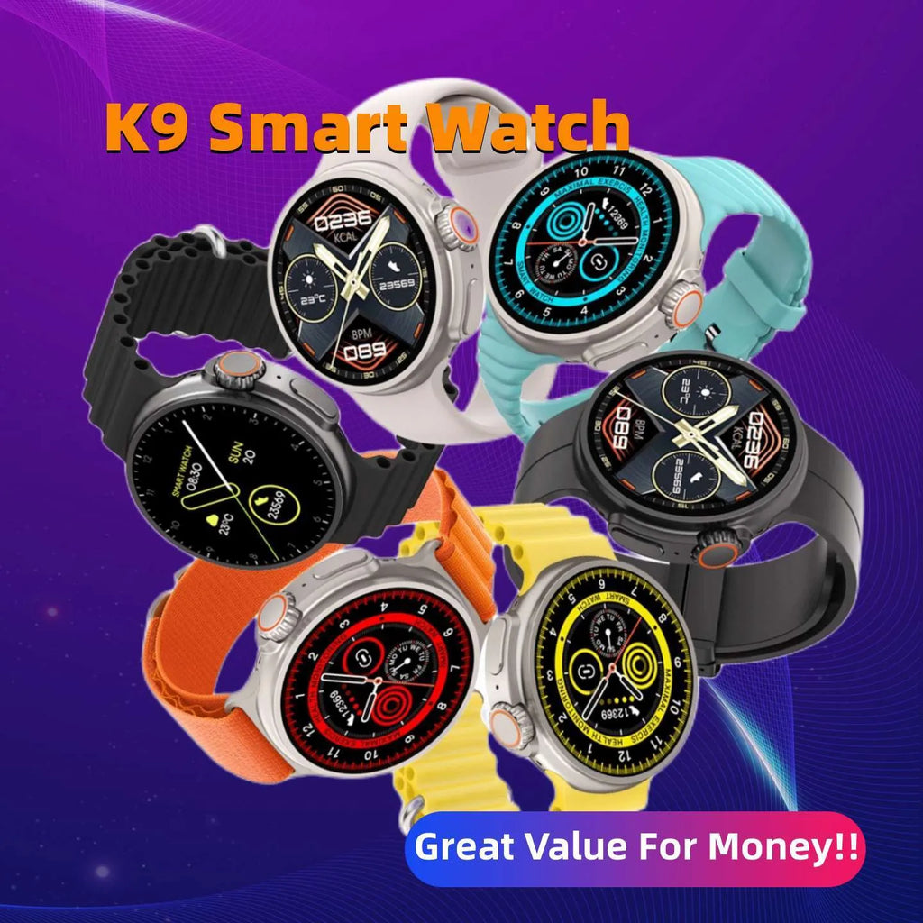 K9 smart watch with black silicone strap and round screen showing health metrics interface