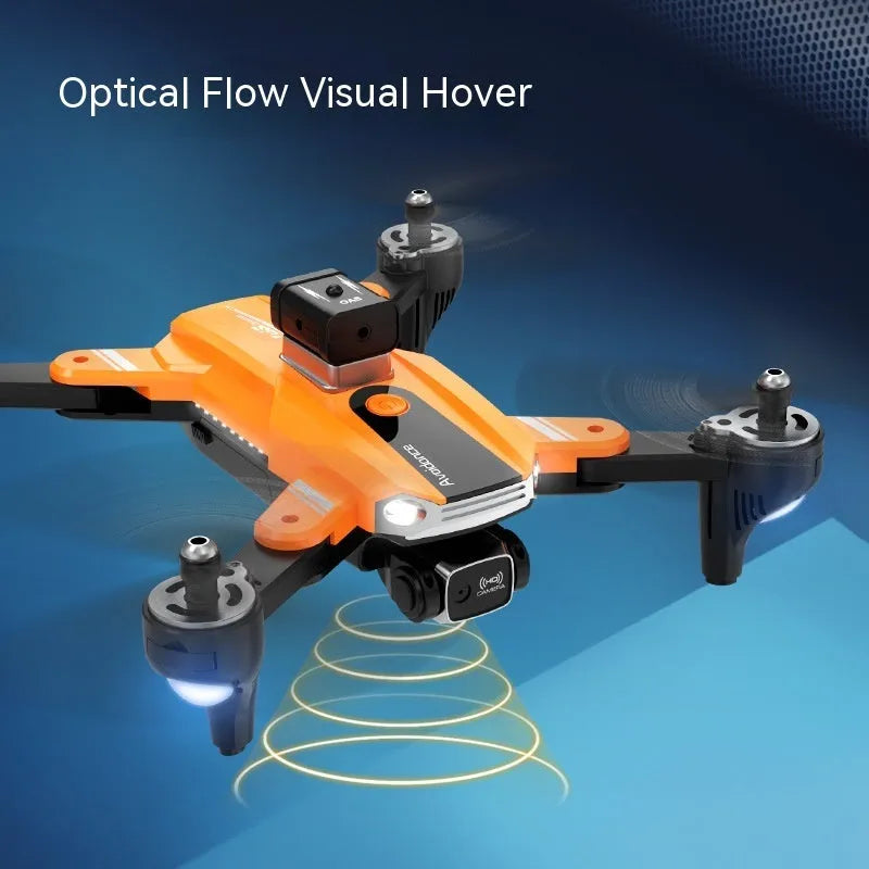 Orange and black quadcopter drone with dual cameras and propeller guards, shown on a white background