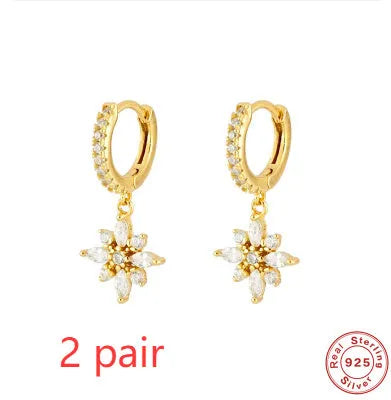 S925 sterling silver snowflake pendant earrings with geometric design in yellow gold or white gold colour finishes