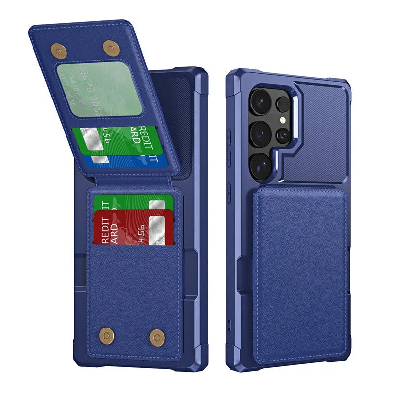 Samsung full cover drop-resistant phone case with card slot and kickstand in black