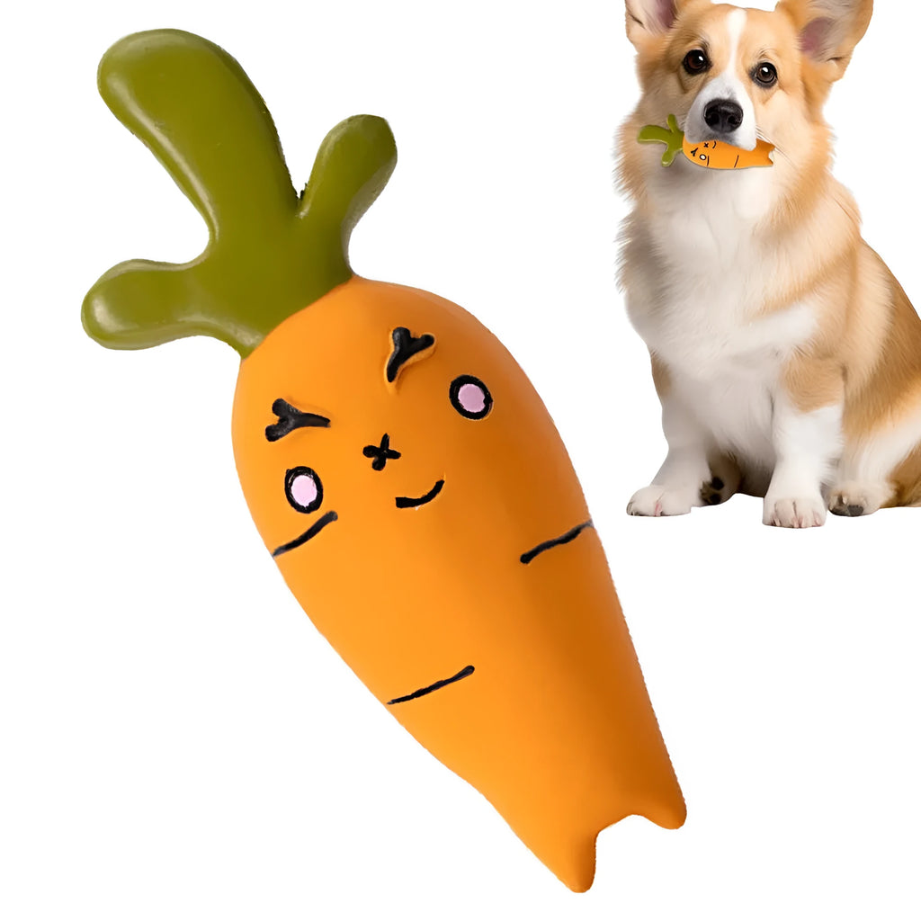 Cartoon onion and eggplant latex dog chew toy for puppies on a white background.