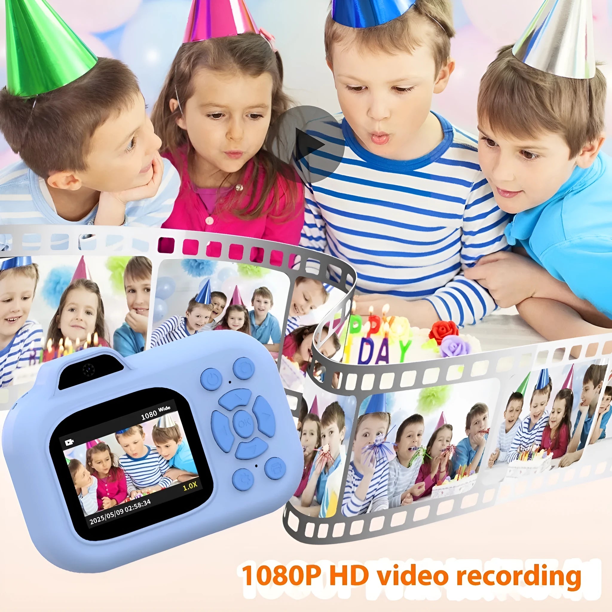 Blue children's digital camera toy with video recording, games, and photo sticker functions on a table.