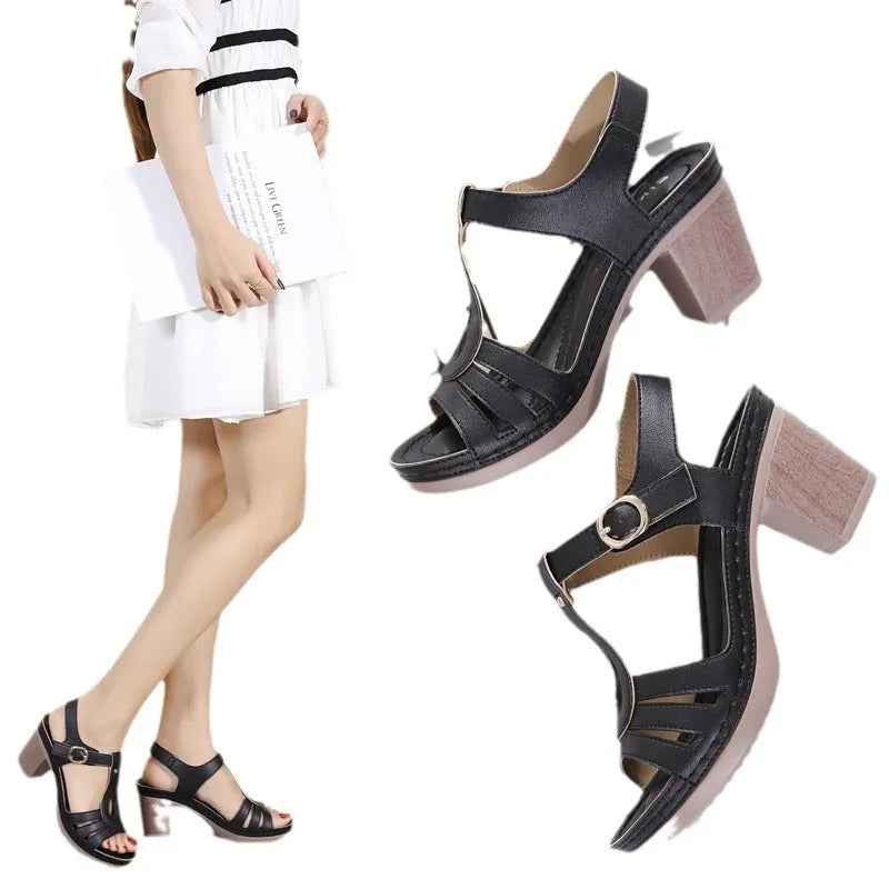 Women's apricot patent leather sandals with a thick high heel and silver metal buckle.
