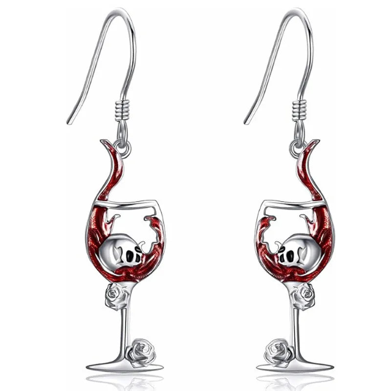 Silver-toned Halloween earrings with geometric skull and wine glass design in electroplated zinc alloy