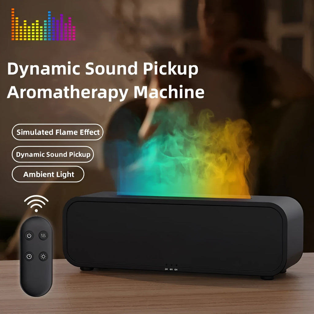 Black and white USB essential oil aroma diffuser with colour-changing light and remote control on a desk