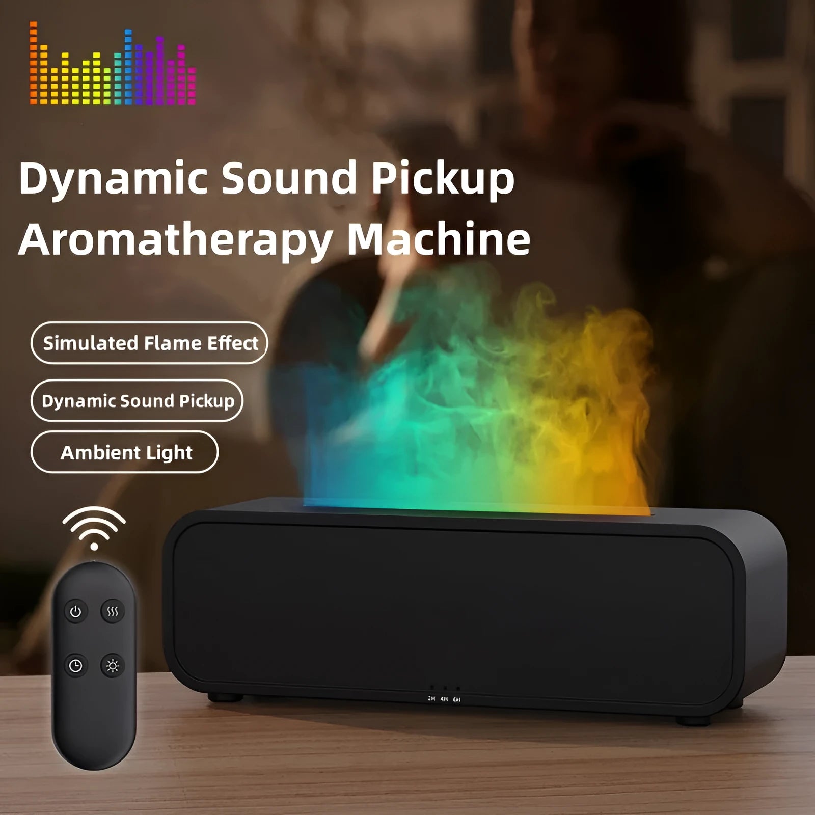 Black and white USB essential oil aroma diffuser with colour-changing light and remote control on a desk