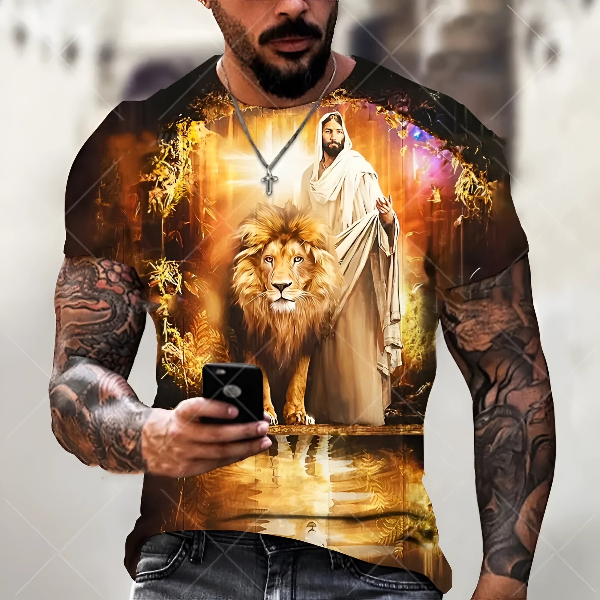 Men's grey T-shirt with a detailed 3D printed Jesus pattern on the front, short sleeve design.