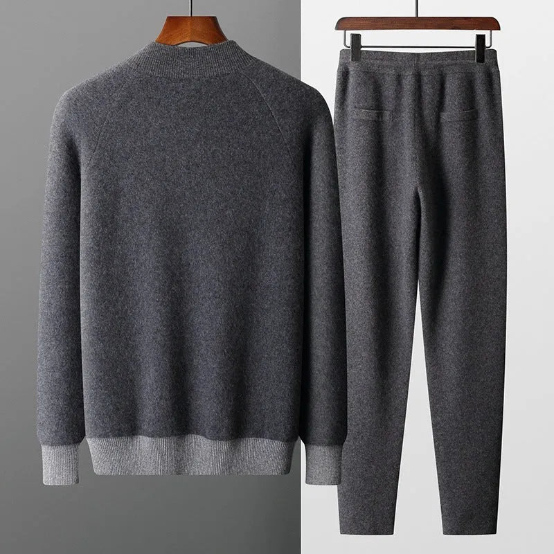 Men's camel coloured cashmere blend knitted cardigan suit with half turtleneck and matching trousers