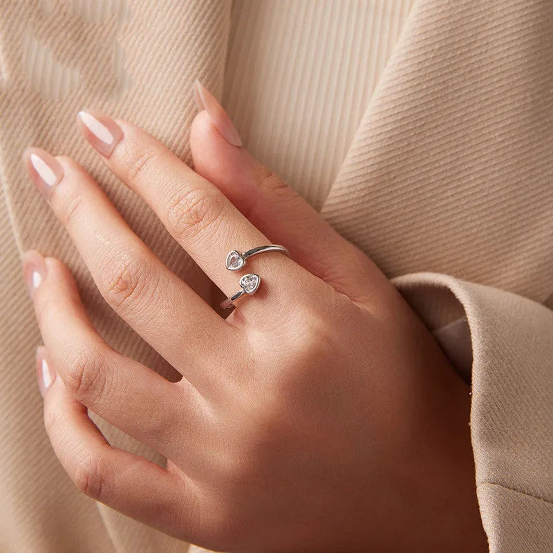 S925 sterling silver double heart-shaped open ring for women Valentine gift on plain background