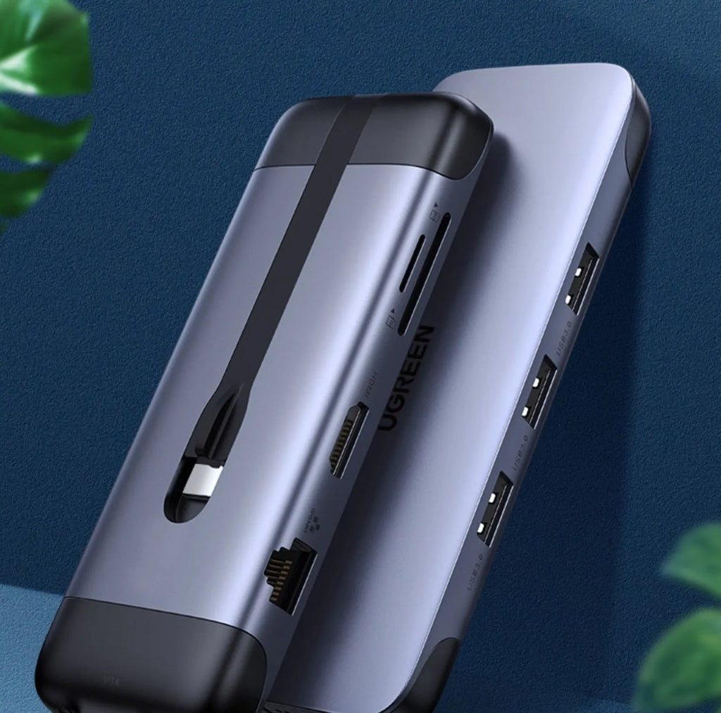 USB-C docking station expansion hub with short cable showing HDMI, USB 3.0, and ethernet ports