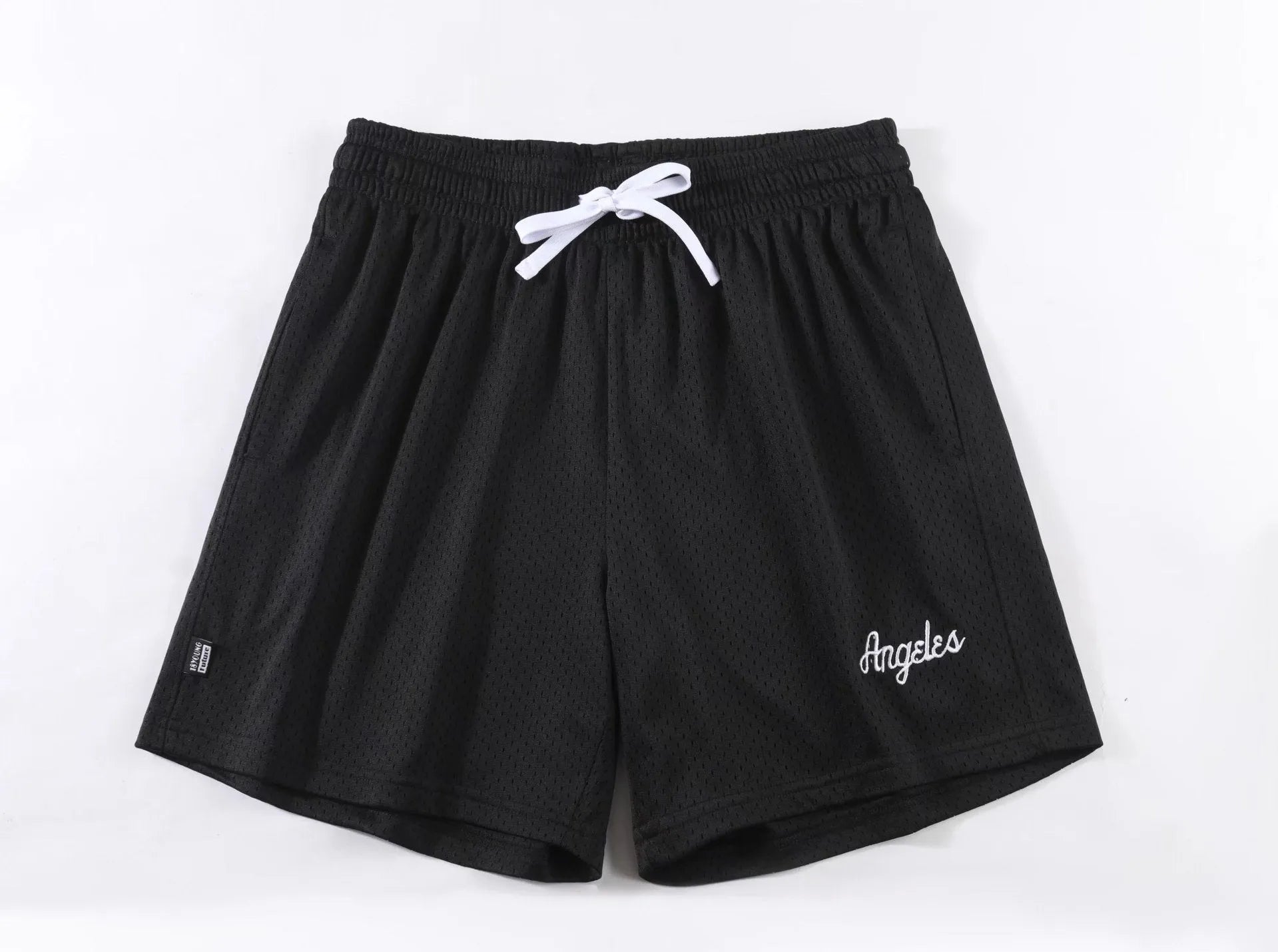 Men's black double-layer mesh shorts laid flat, showing sports and leisure style.