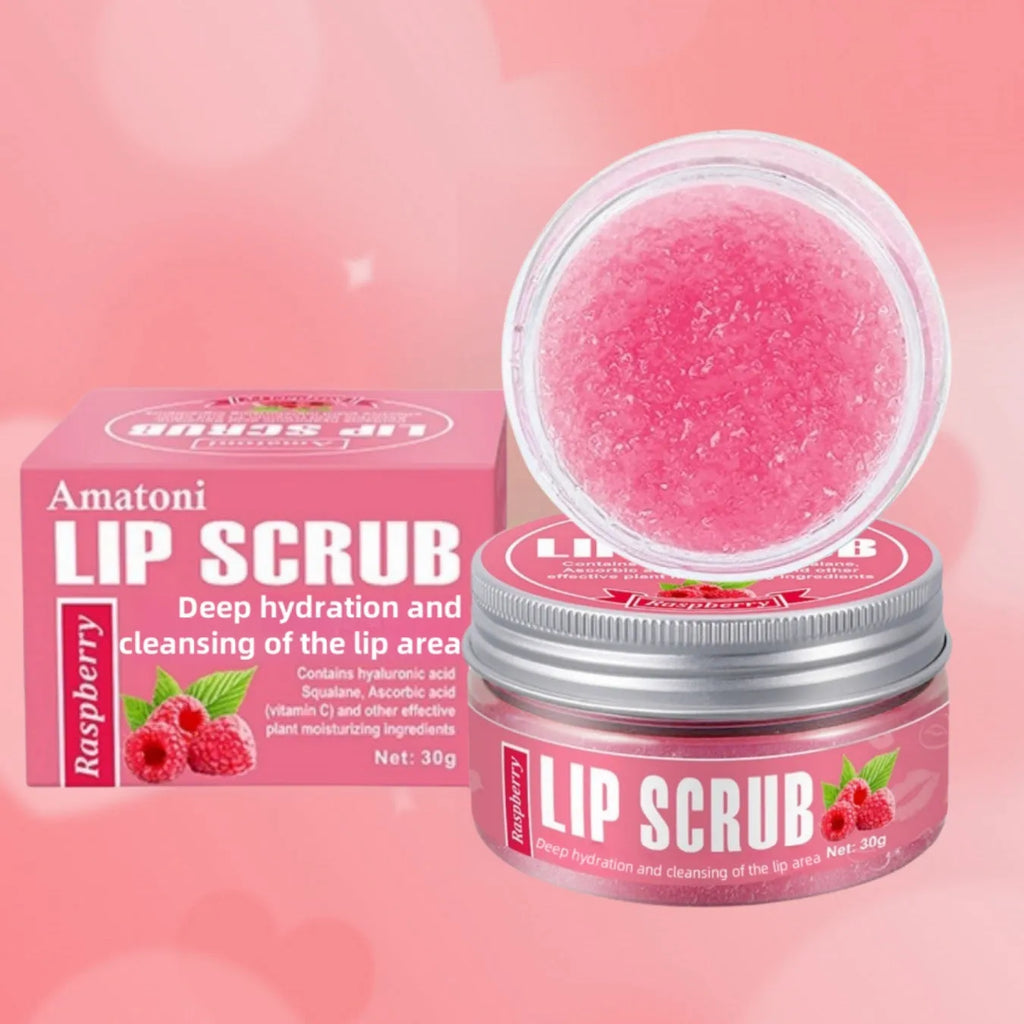Amatoni lip scrub cream pot in choice of coconut, raspberry, vanilla or watermelon flavour, 30g size