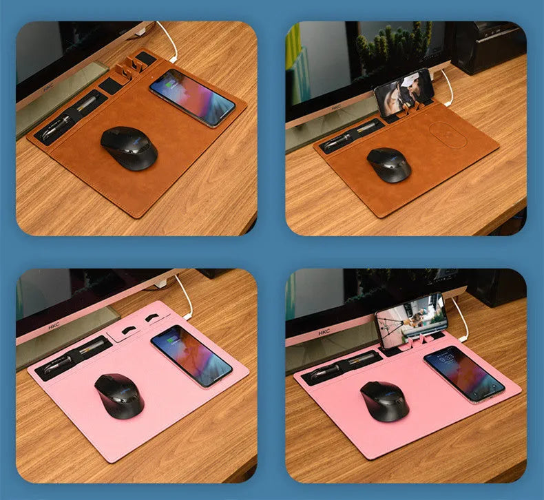 Pink wireless charging mouse pad with integrated phone holder on a desk, showing 320 x 260 mm size.