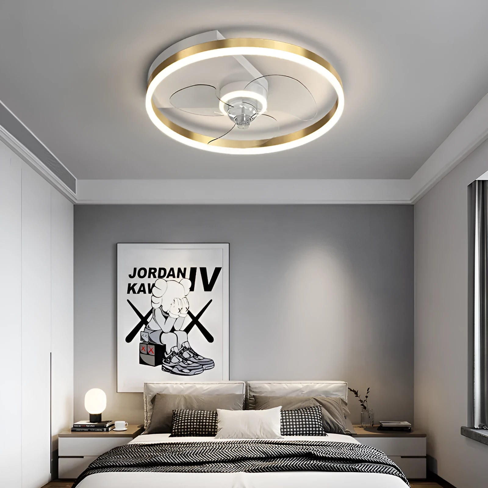 Simple modern Nordic style iron tieyi ceiling lamp with LED light for a children's room.