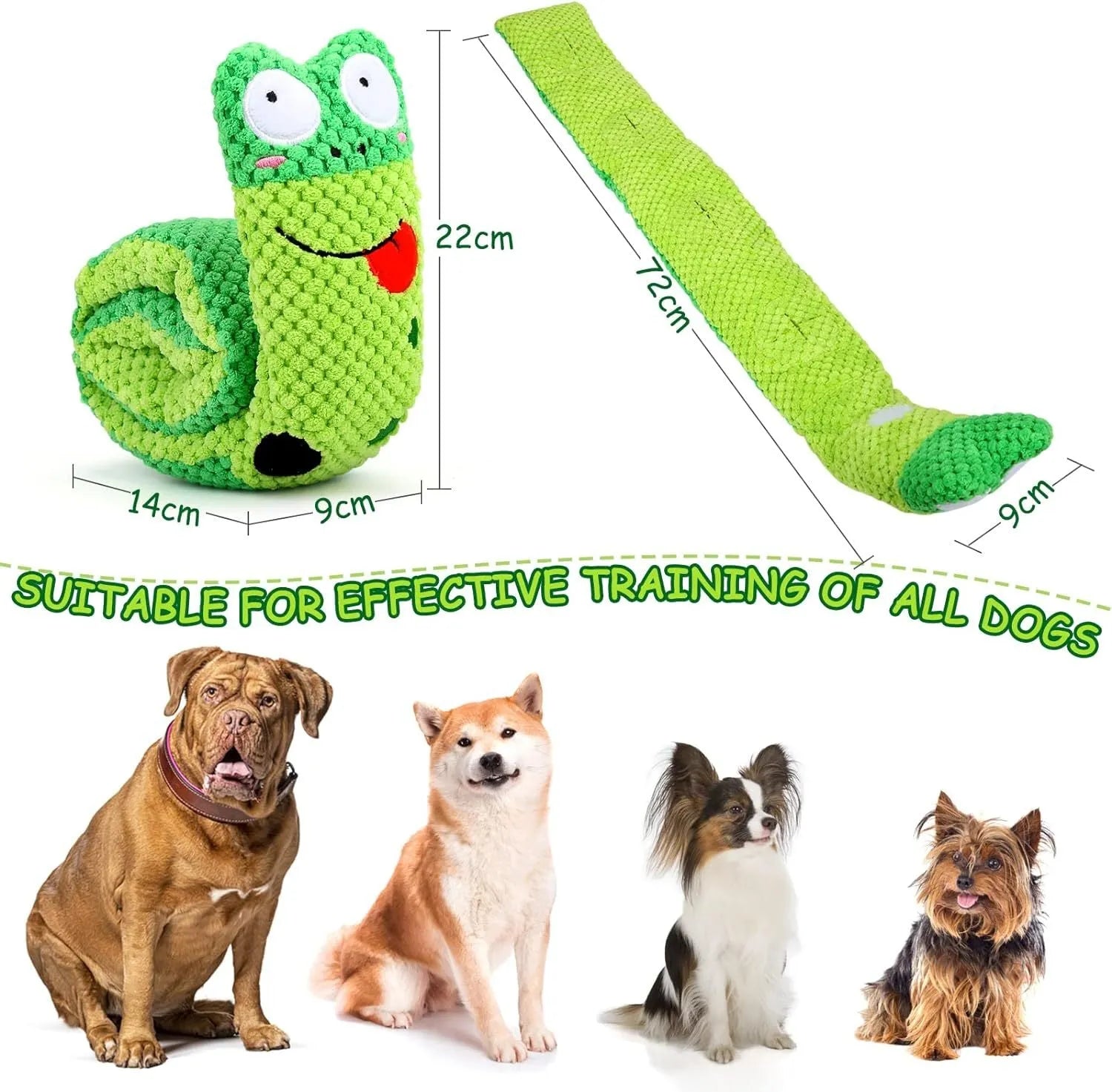 Squeaky dog puzzle snuffle toy that transforms into snail or stick shape for foraging games.