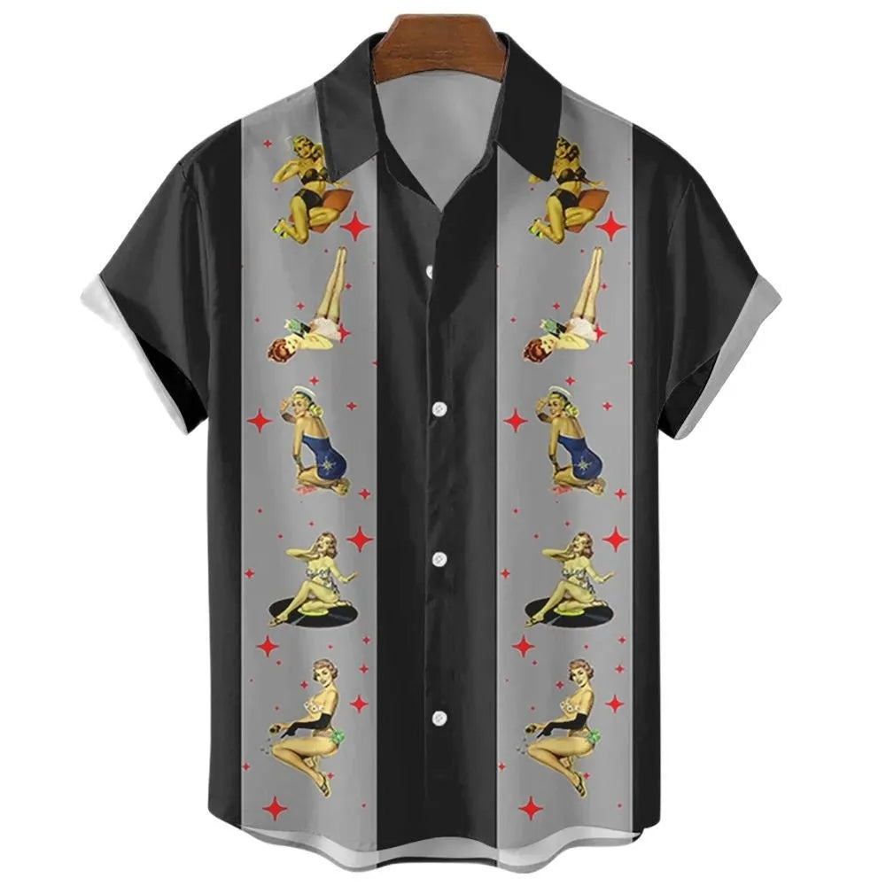 Men's striped Hawaiian shirt in polyester fabric with button-up short sleeves