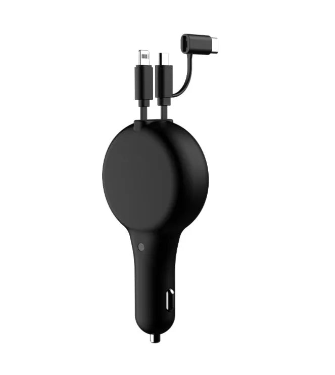 Retractable car charger with dual USB ports showing extended cable in black colour option