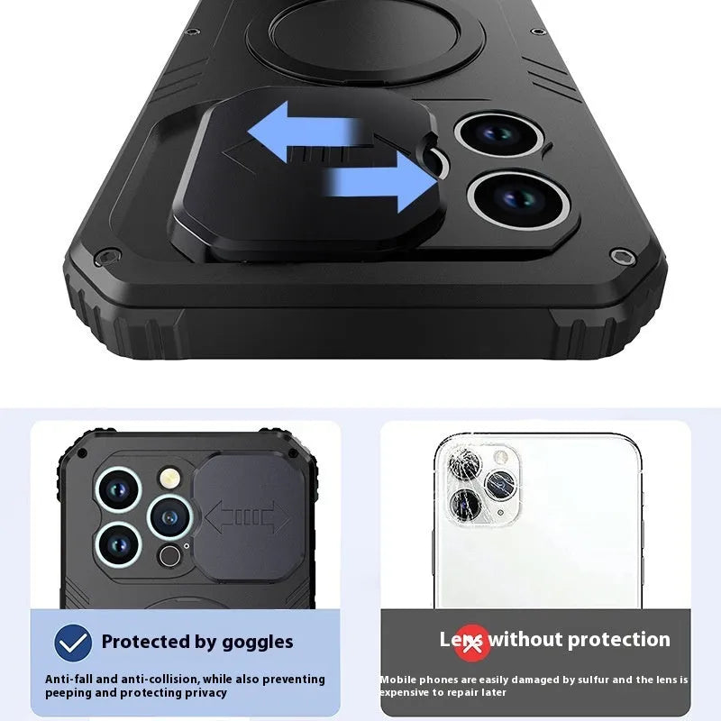 Black metal bracket shockproof phone case for iPhone 15 with aluminium alloy frame and magnetic suction