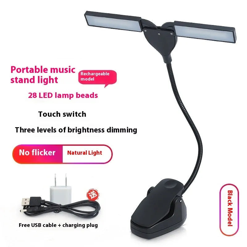 Black rechargeable music stand lamp with 28 LEDs clipped to metal music stand
