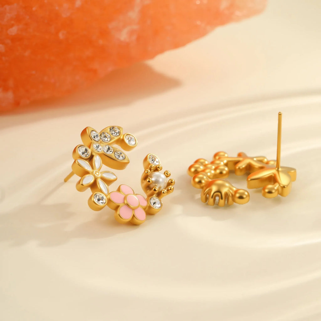 18K stainless steel flower stud earrings with colourful electroplated petals in diamond-shaped arrangement