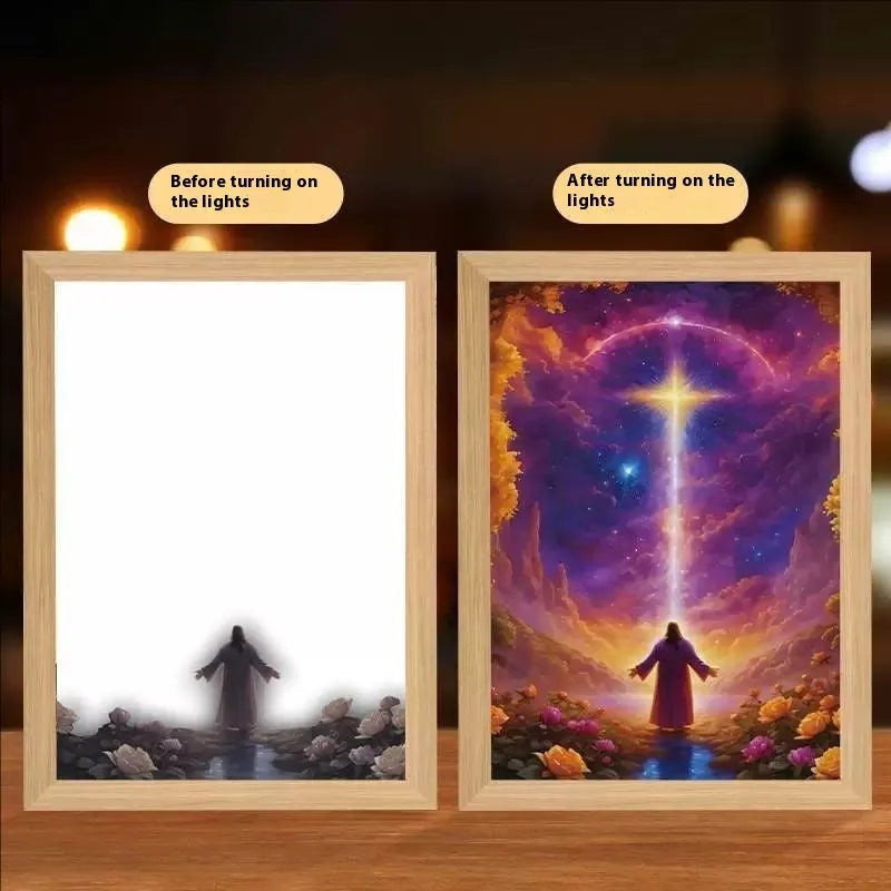 Modern rectangular LED photo frame displaying changeable sea scene artwork with built-in illumination