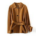Women's retro cashmere coat with leather stitching and Peter Pan collar in mid-length loose design