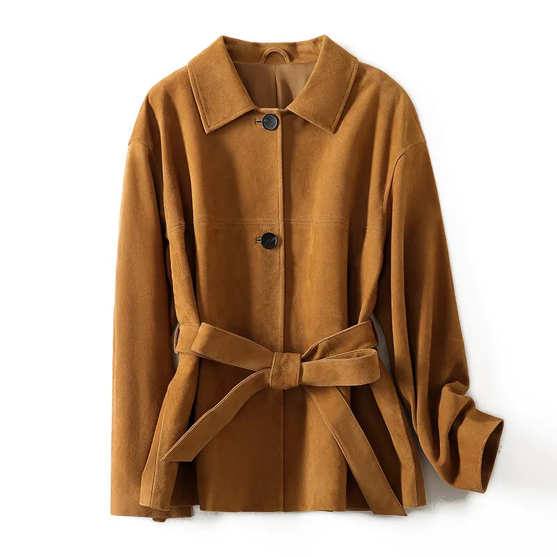 Women's retro cashmere coat with leather stitching and Peter Pan collar in mid-length loose design