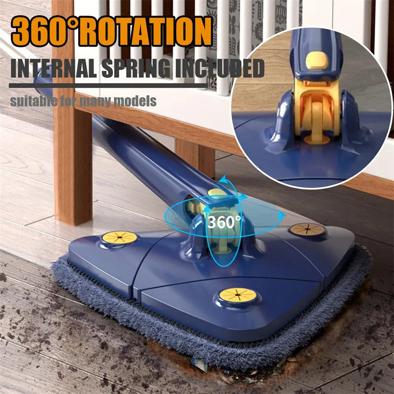 Blue triangular cleaning mop with 360-degree rotating head and adjustable stainless steel pole extended for use