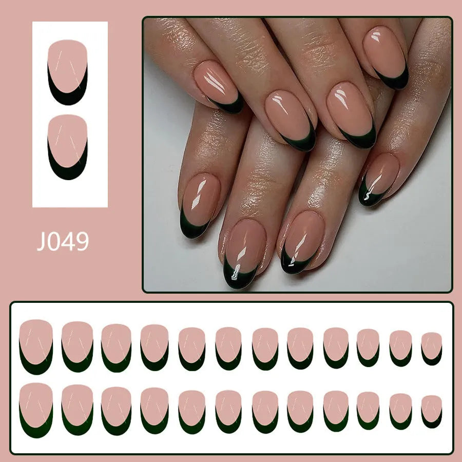 Set of 24 black French style false nails in a short almond shape