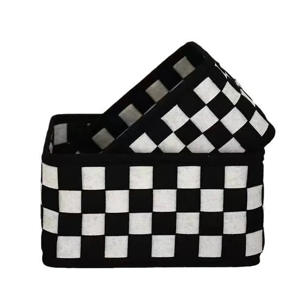 Checkerboard patterned grey felt folding storage basket showing collapsible sides, dimensions 37cm by 29cm by 19.5cm.
