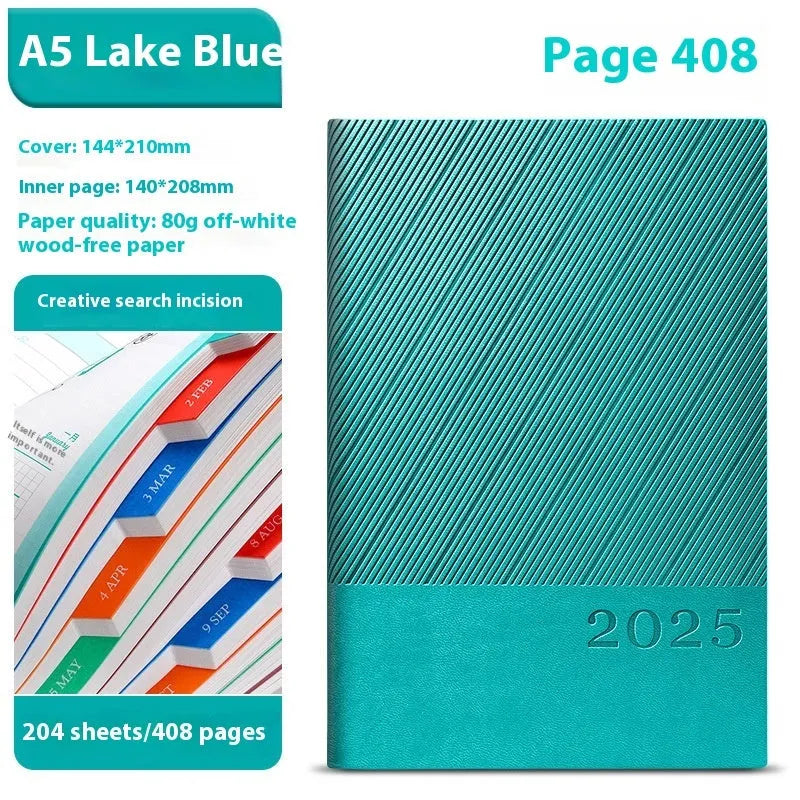 Thick business notepad with striped PU leather cover showing colour options and open pages