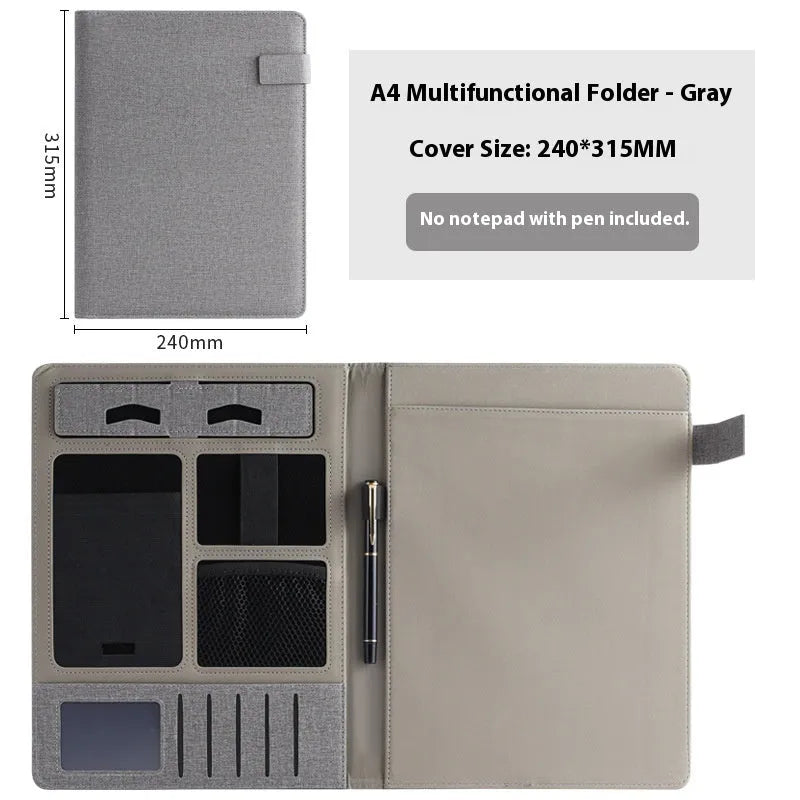 Leather A4 business multifunction folder with notepad and pen holder in black colour