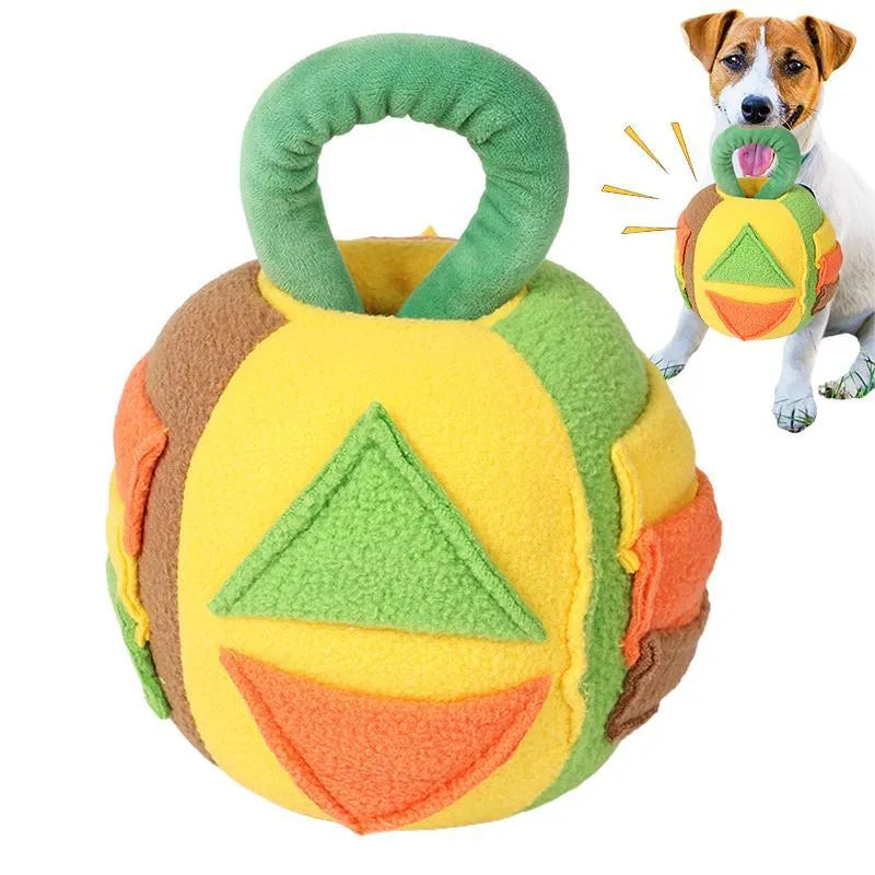 Green or pink polyester plush ball dog toy with treat pockets and a squeaker, shown next to dog treats.