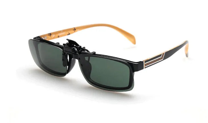 A pair of polycarbonate clip-on sunglasses for prescription glasses, shown in a dark green tint.