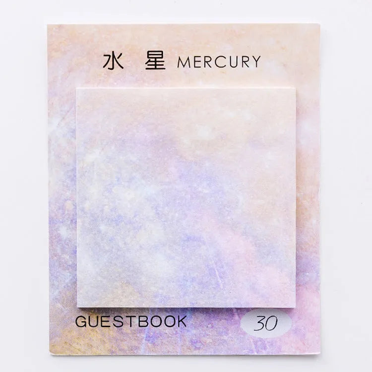 Square oil painting planet sticky note pad showing celestial designs with six colour options