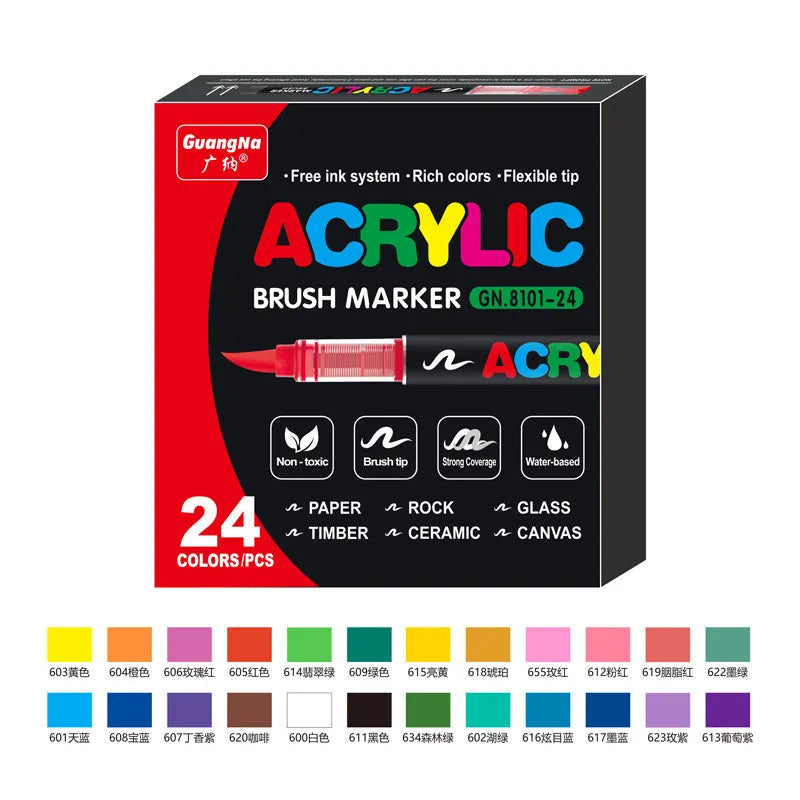 Set of straight liquid acrylic marker pens with soft heads for art painting