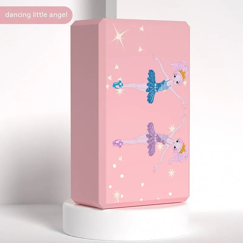 High-density EVA yoga block in pink next to a dark blue block, showing 7.5cm height and printed cartoon design options.