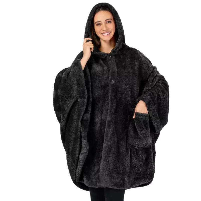 A thick, hooded long-sleeve polyester bathrobe cardigan in dark grey, shown on a hanger.