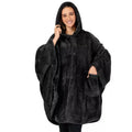 A thick, hooded long-sleeve polyester bathrobe cardigan in dark grey, shown on a hanger.