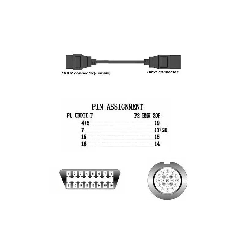 BMW OBD2 diagnostic adapter cable converting 20-pin port to 16-pin OBD2 port