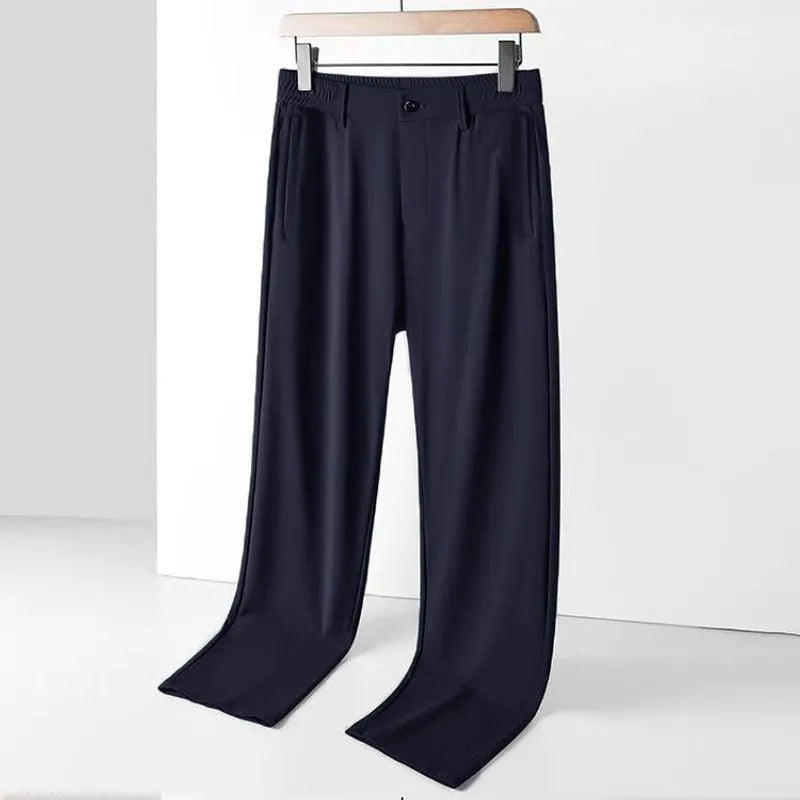 Men's straight-leg ice silk trousers in a loose fit with an elasticated open waistband.