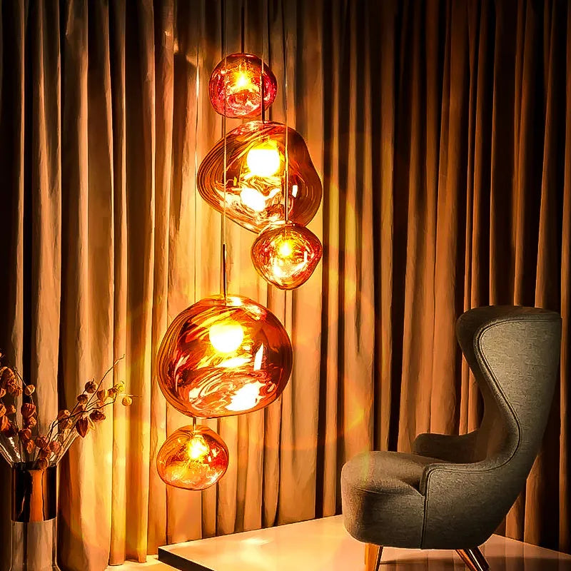 Nordic irregular lava lamp chandelier in glass with metallic finish