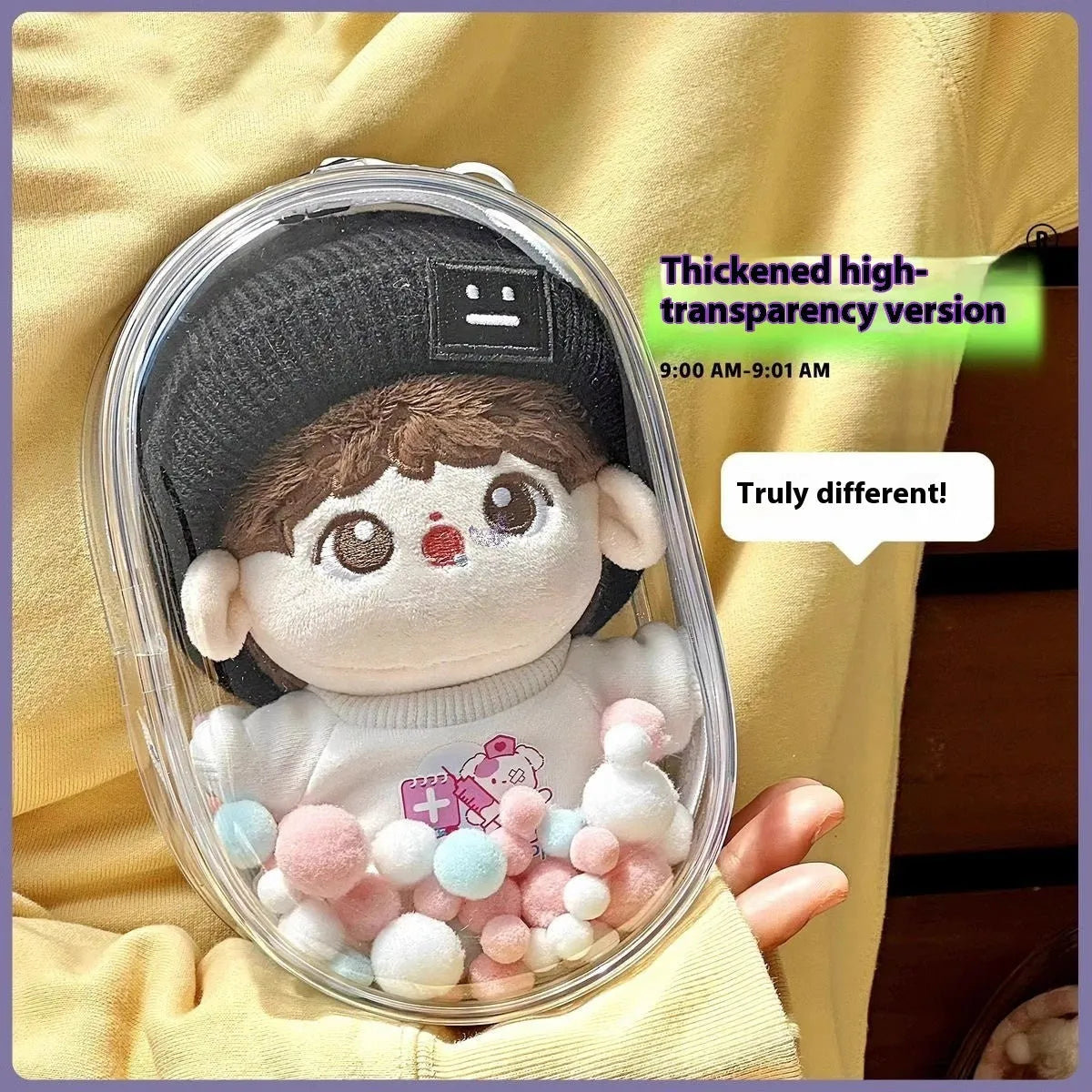 17cm transparent PVC cartoon backpack storage bag with colourful ball keychain