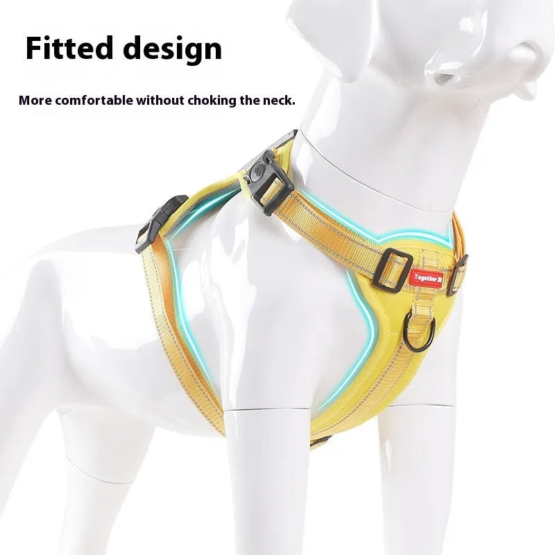 Adjustable polyester dog chest harness and lead in one of six colours: black, yellow, red, orange, pink, or Lake Blue.