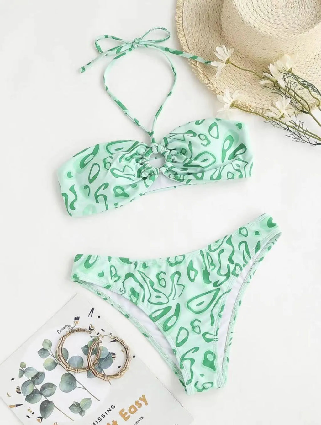 Green floral bandeau bikini swimsuit with backless design and matching briefs