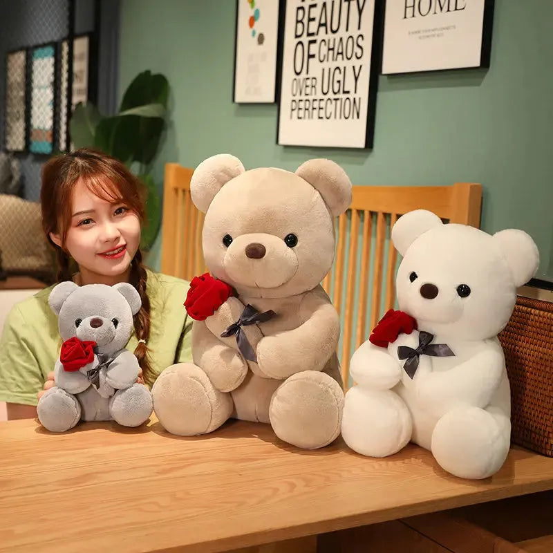 Rose bear plush teddy doll pillow in short plush fabric with PP cotton filling