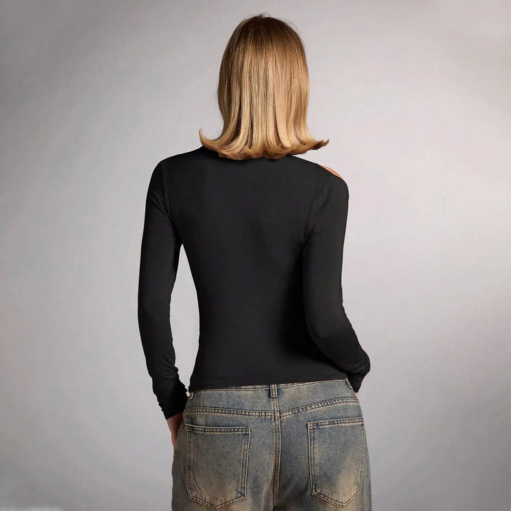 Black women's halter top with long sleeves in a slim fit.